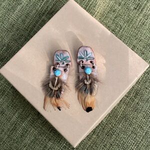 Handmade Terracotta Clay Post Earrings with turquoise and Feathers